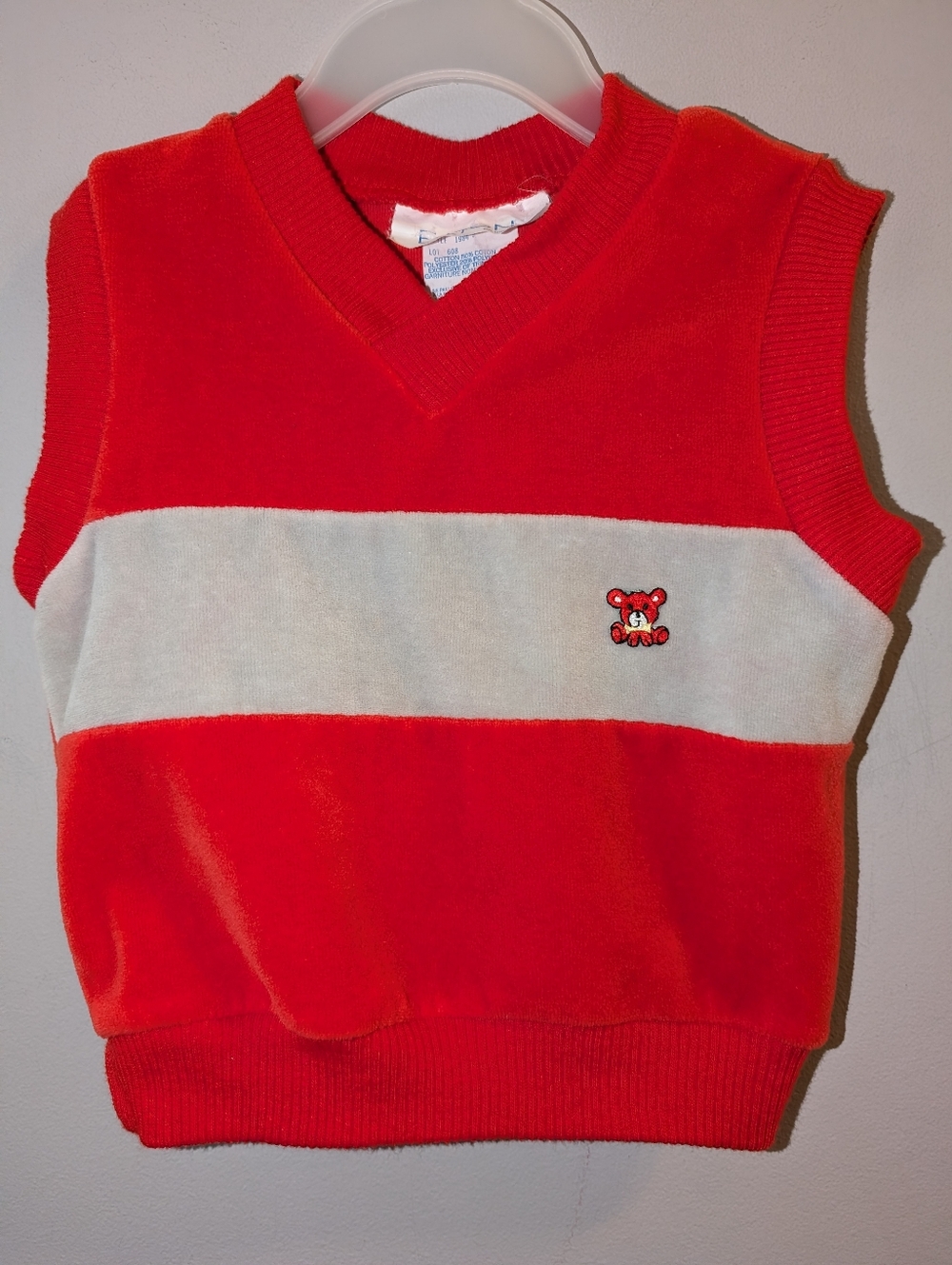 Vintage Red Gray Toddler Velour Vest Bear Patch Made In Canada by Eaton 18 Month